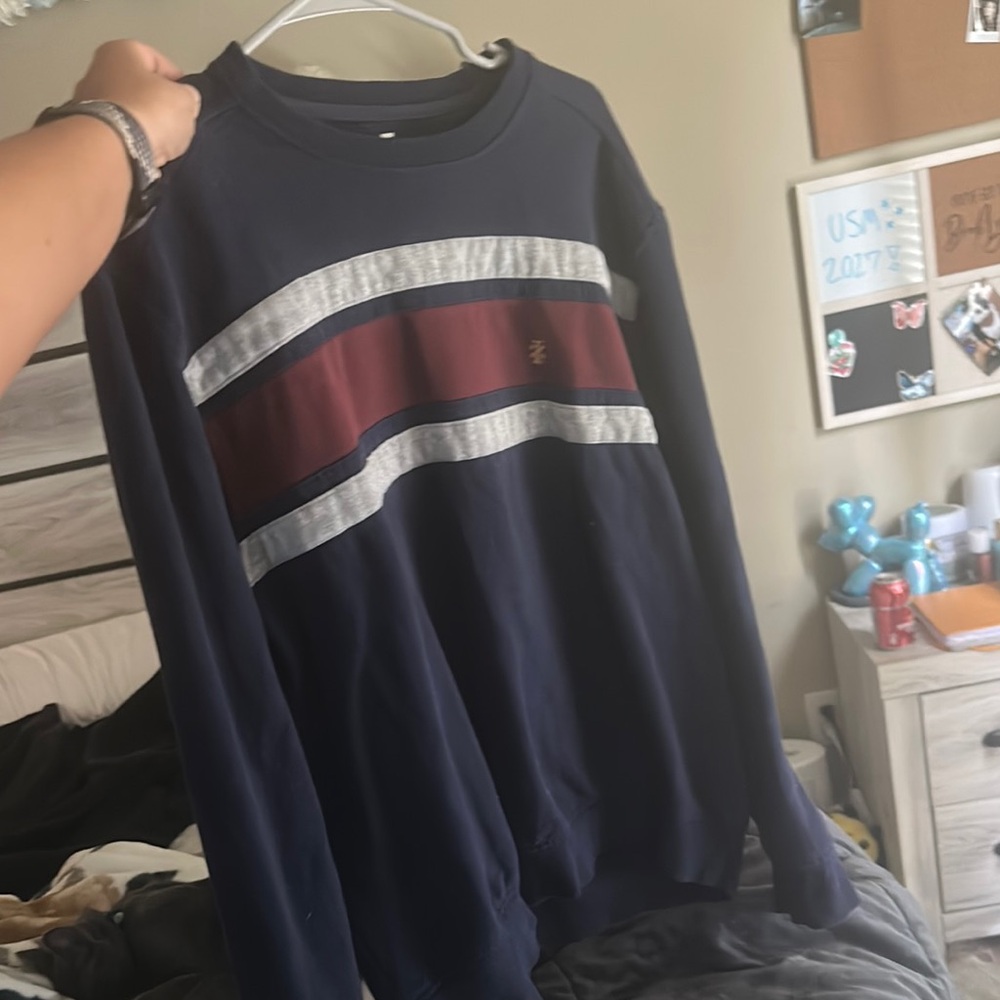 Izod Blue and Red Crewneck Sweater with Striped Design